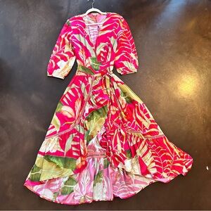 Powder- delicate tropical dark rose wrap dress- fuschia pink- size medium